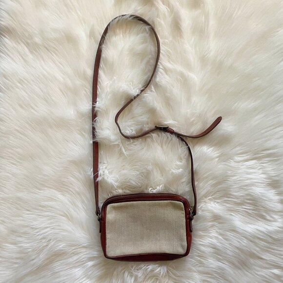 VTG Roots Red Brown Leather Cream Woven Canvas Crossbody Purse Bag - Picture 4 of 9